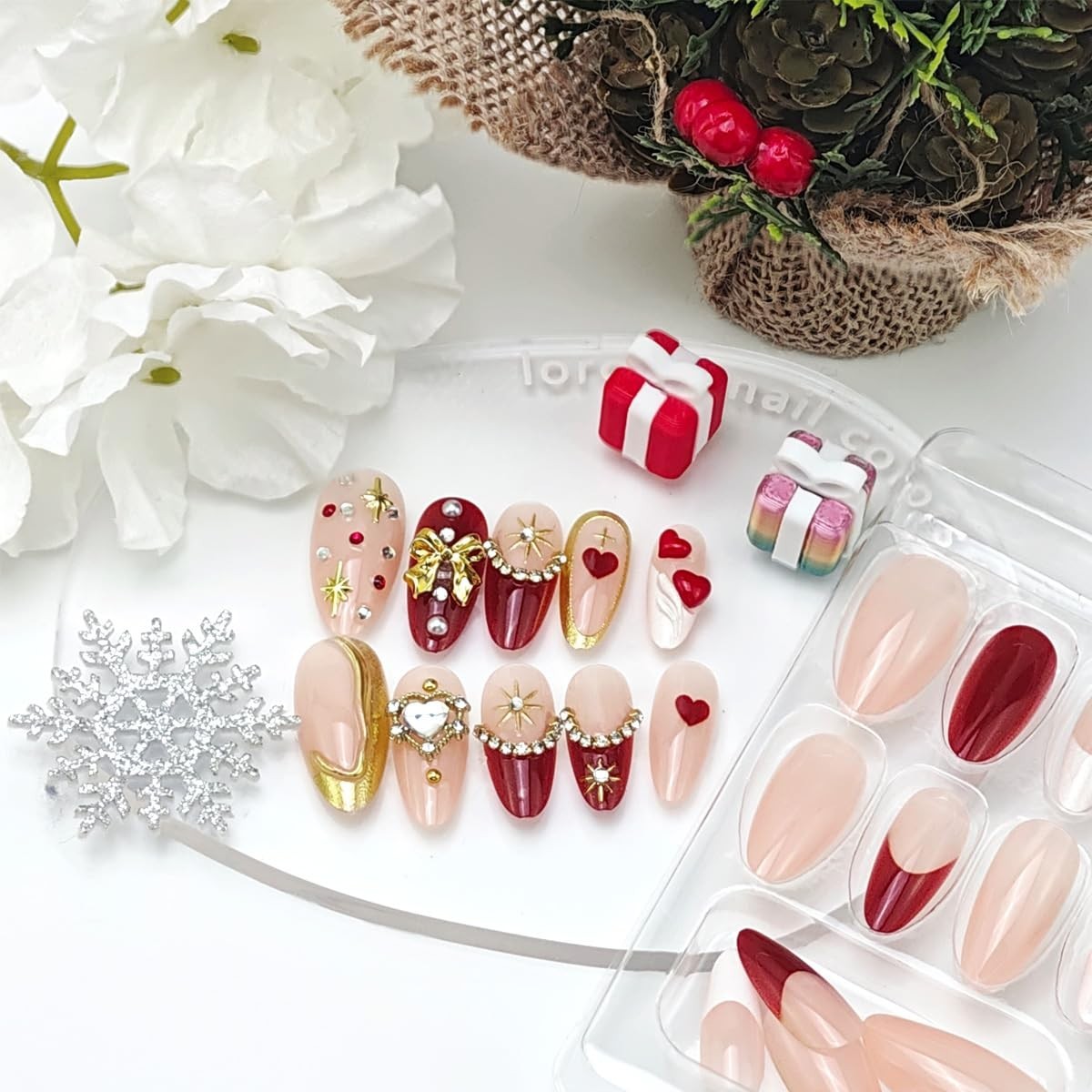 24Pcs Valentines Press on Nails Medium Almond Fake Nails 3D Gold Bow Pearl Rh…