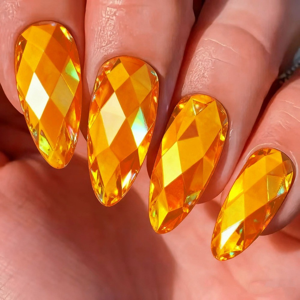 24pcs 3D Rhombus Press-On Nails, Electroplated Almond Fake Tips for Women