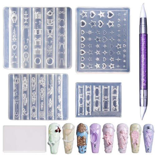 Laza 4pcs Silicone Nail Art Molds, 3D Virgin Mary, Mirror Frame, Heart, Bowkn…