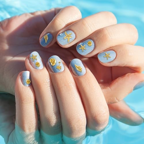 Pndeyo 2 Boxes Ocean Theme Nail Charms, Sea Beach Starfish Seashell Nail Gold