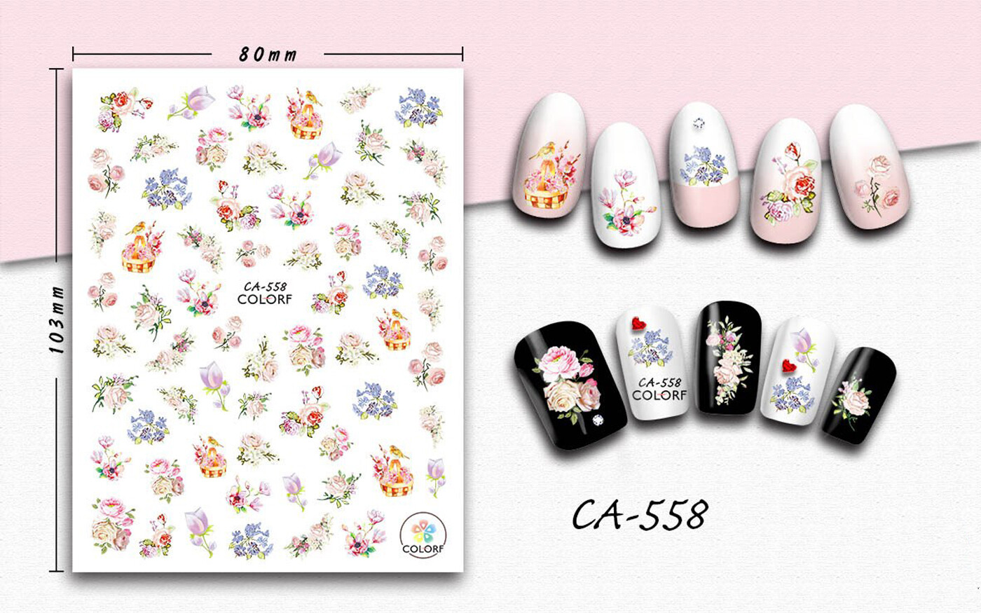 Nail art 3D stickers decal pink roses white blue flowers basket of flowers CA558