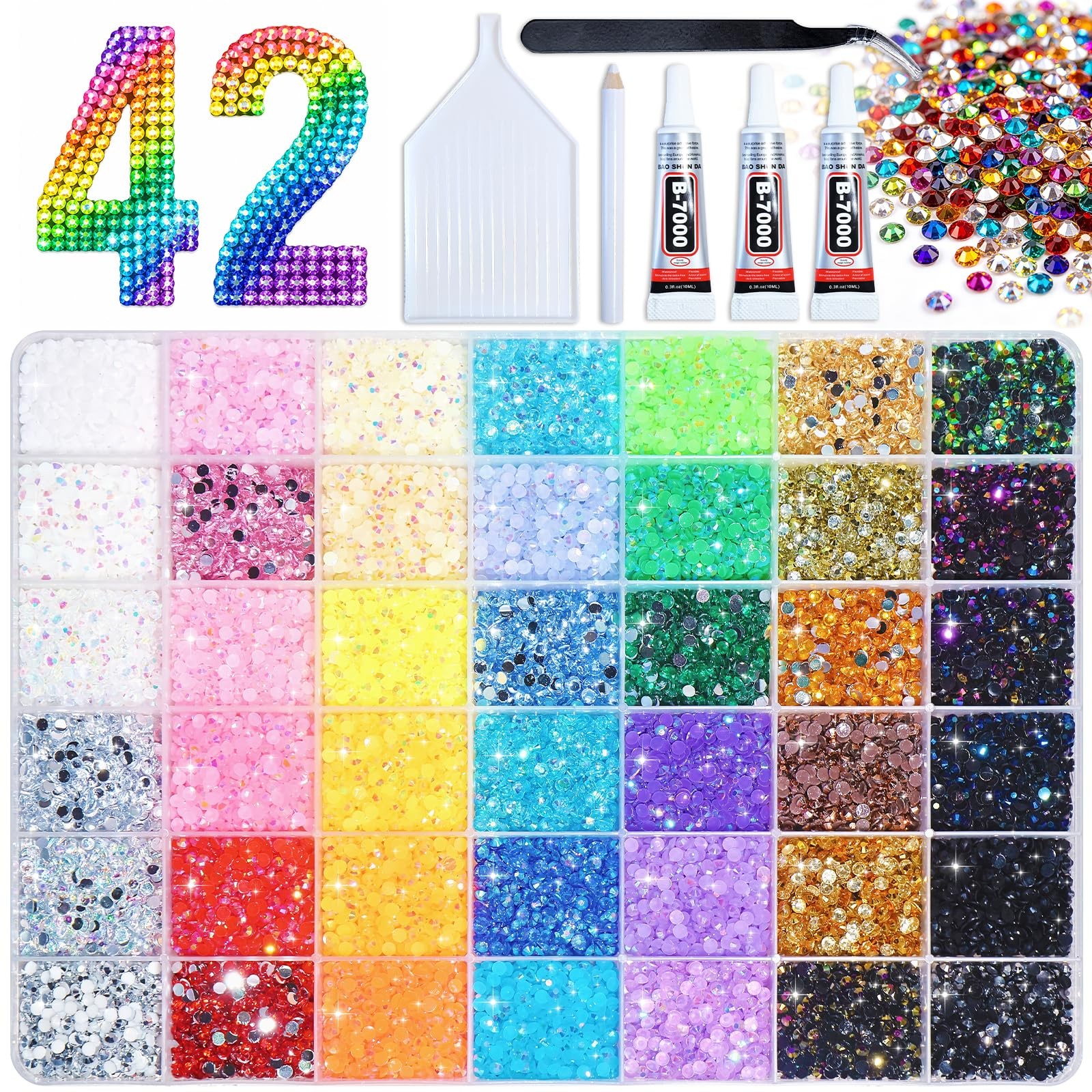 Bedazzling Kit 42 Colors, Bedazzler Kit with 42000Pcs Rhinestones, Tweezer, 3Pcs