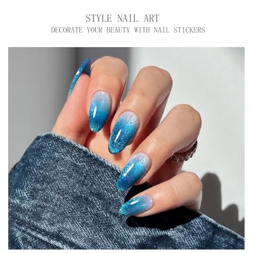 Gel Nail Stickers Semi Cured Gel Nail Strips Wraps Blue Gradient Cat Eye