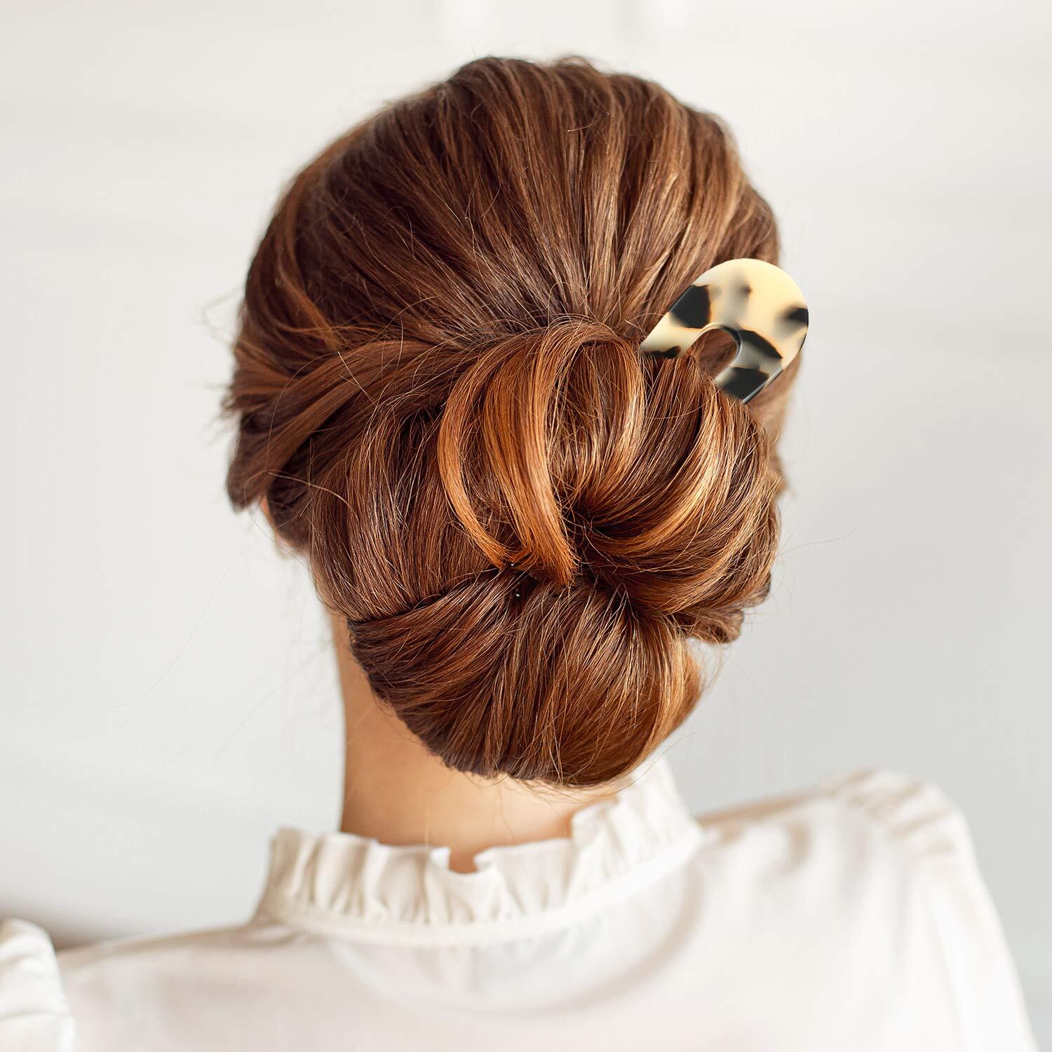 4 Pack French U Shaped Hair Pins Vintage 2 Prong Chignon Pin for Women Girls