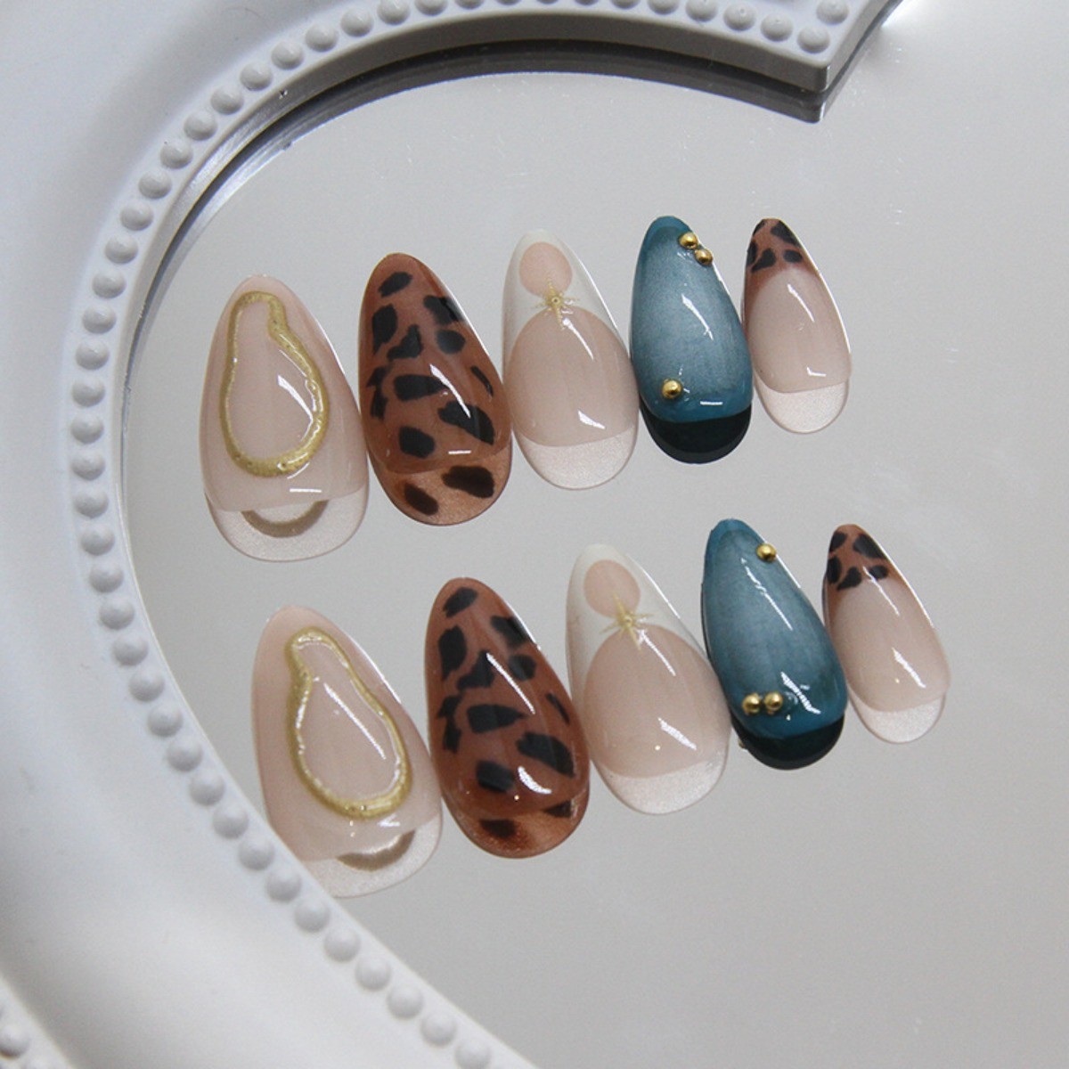 30Pcs-Long Almond Teal Solid Amber Leopard Print Nude Base Star Press on Nails