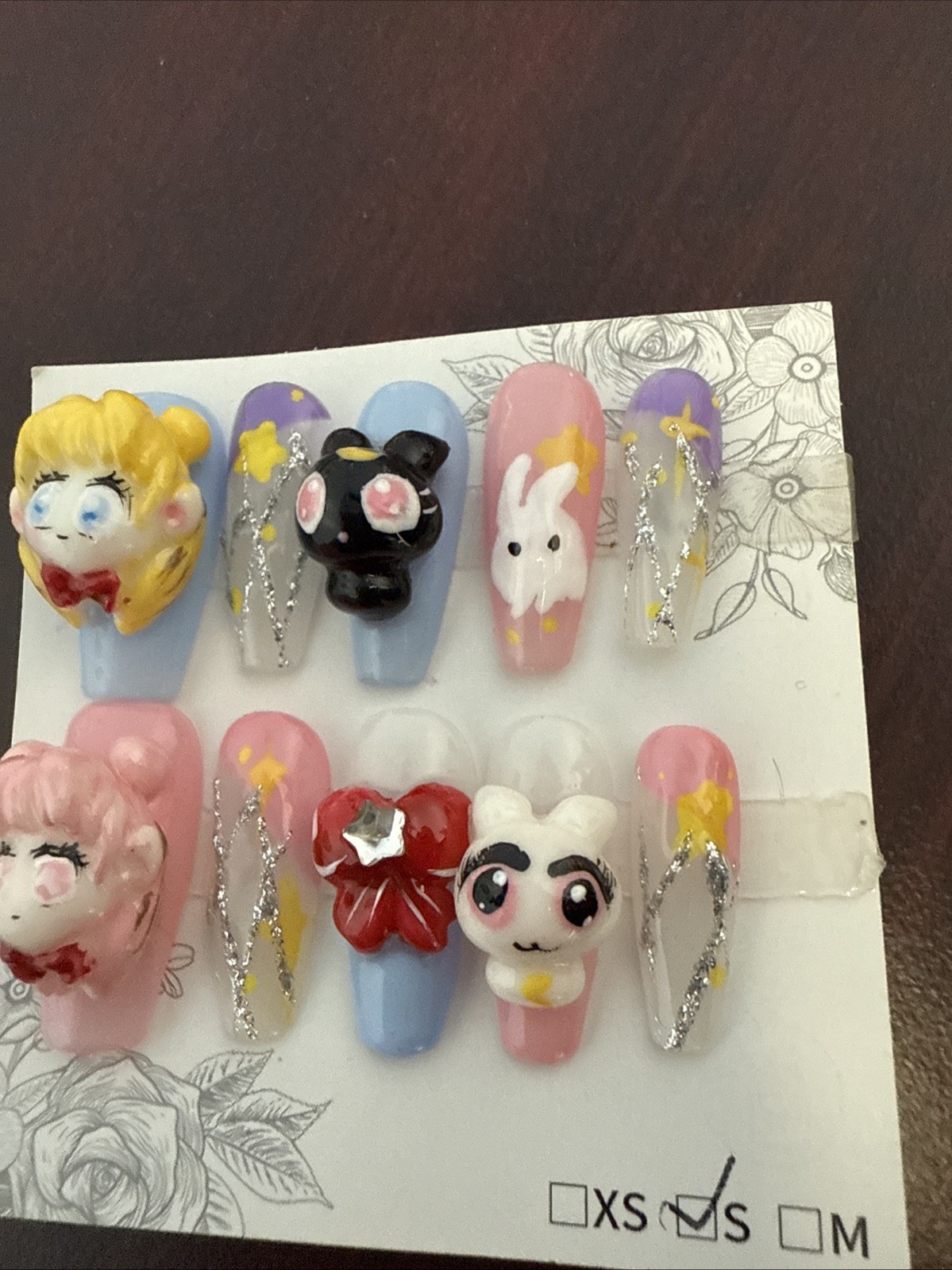 Hand Painted Sculpted 3D SAILOR MOON Press On Nails Coffin Size S