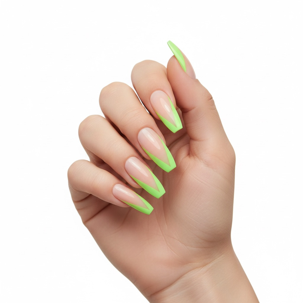 Natural Nude Pink Green V French Glossy Ballerina Extra Long Press On Nails Set