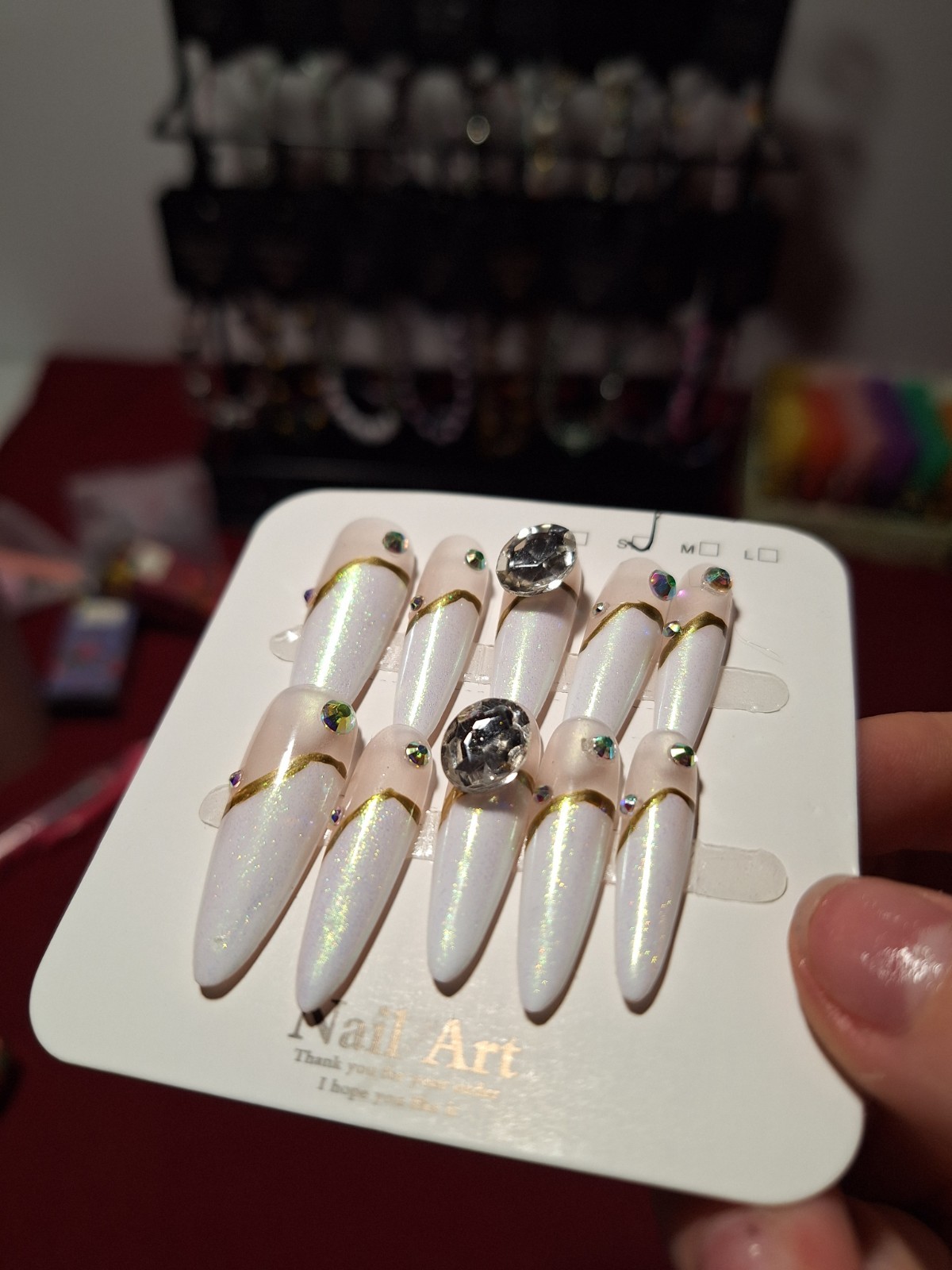 Small Press On Nails White Gold Sparkle Stiletto 3D Shiny Rhinestone Full Cover
