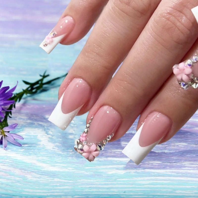 Unique 24Pcs Square Press On Nails with White French Tips and Embellishment