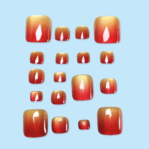 Red Ombre Cat Eye Press on Toenails Short Square Fake Toe Nails Glitter TOE-15