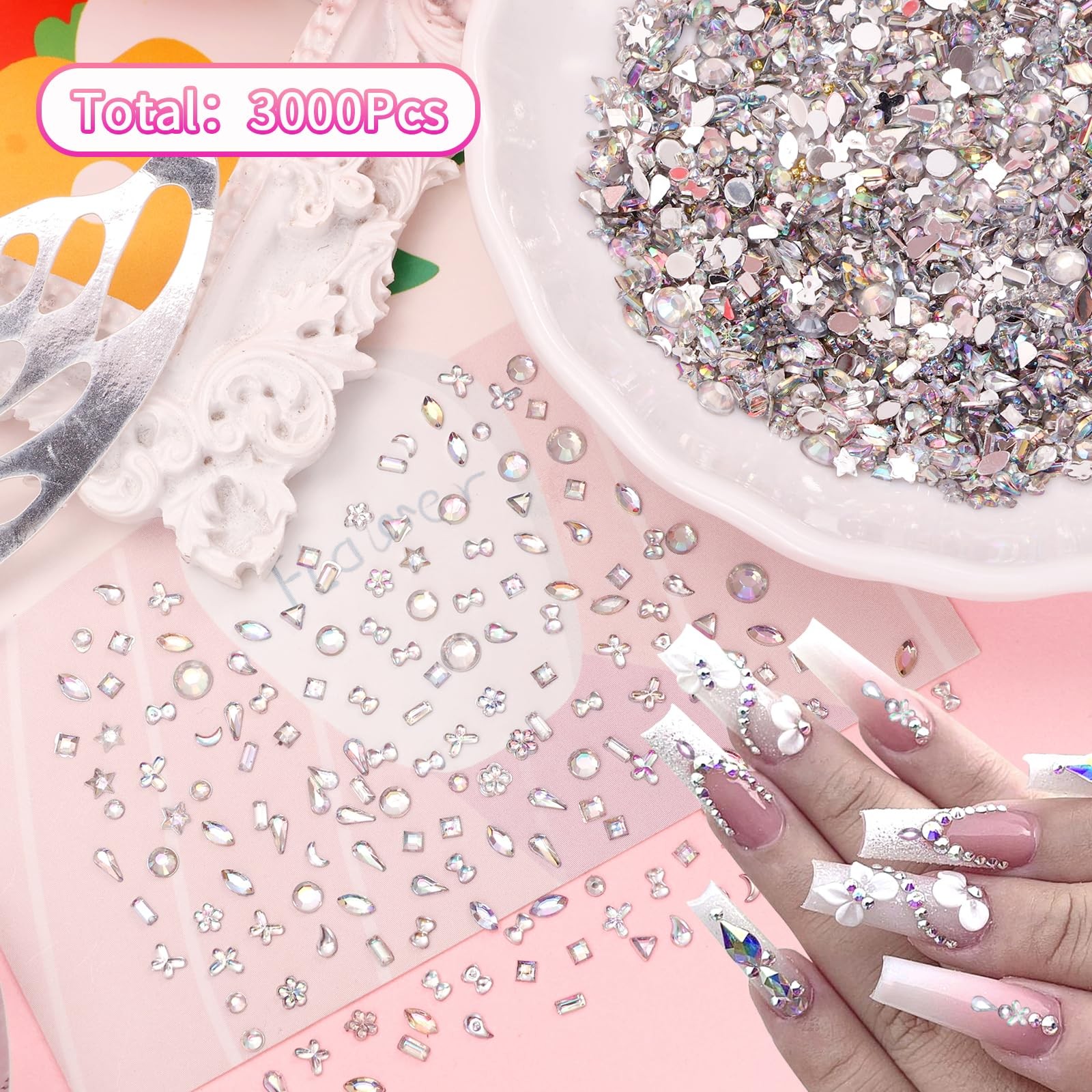 3000 Pcs Mini Rhinestones for Nail Art, Multi Shapes Crystal Flatback Nail Ge…