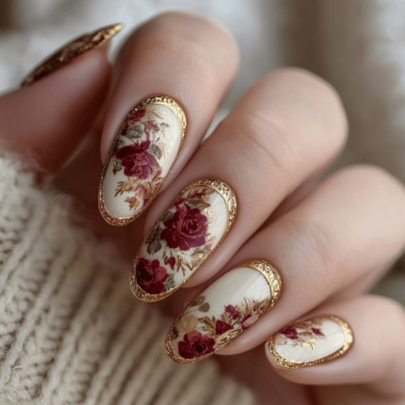 48Pcs-Medium Almond Vintage Red Rose Gold Border Press on Nails Art Set