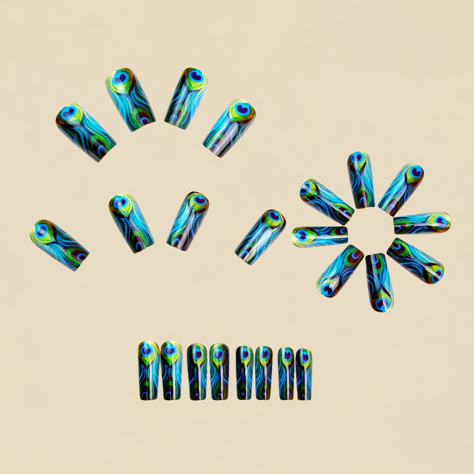 48Pcs Peacock Green Gold Press on Nails Feather Art Glossy Trendy Fake Nails