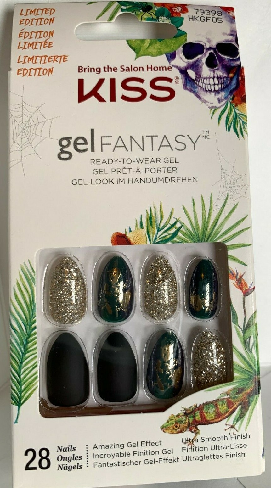 Kiss Nails Gel Fantasy Glue or Press on Manicure Dark Green & Gold Almond Limit