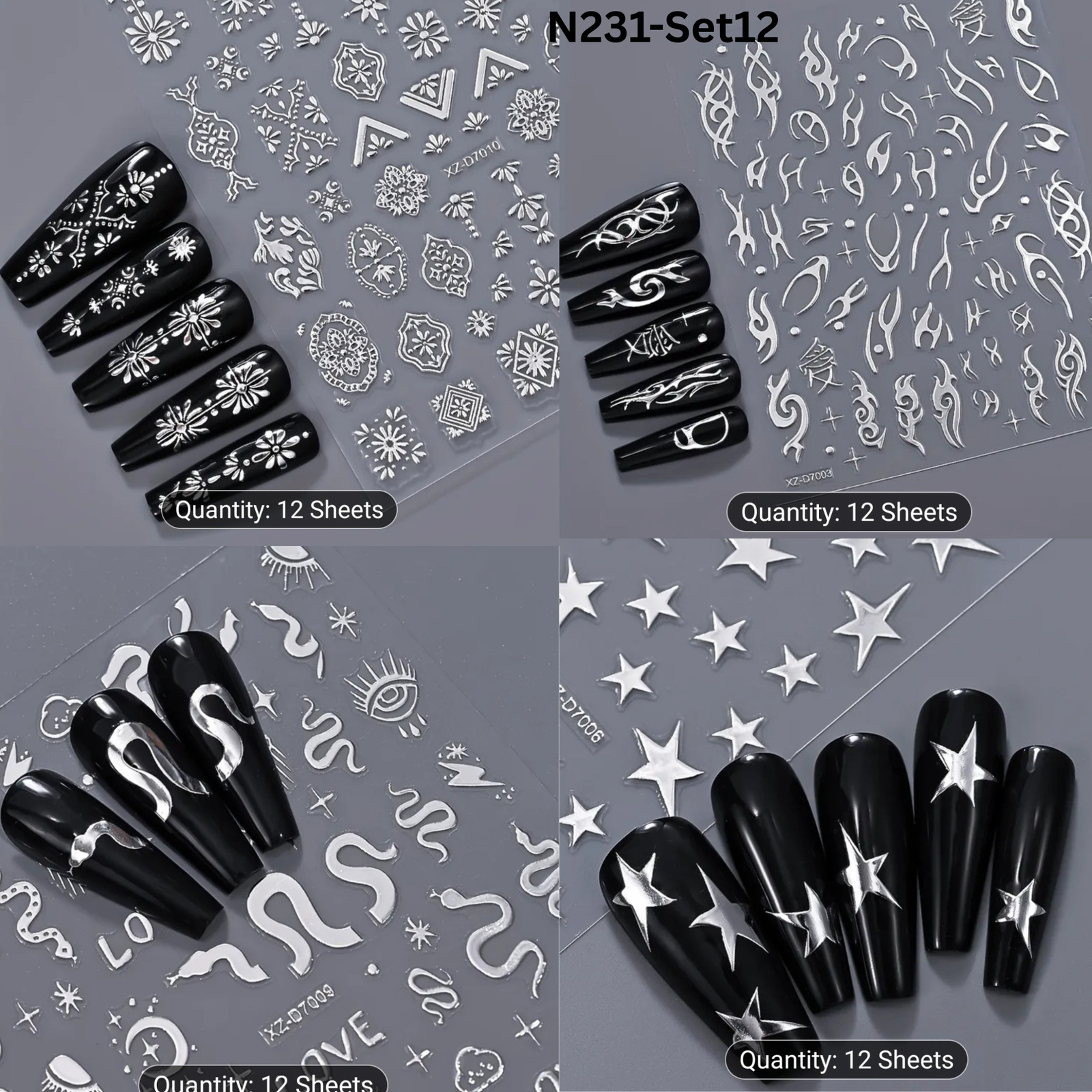 12PCS Nail Art Stickers Set – Choose Gold Silver Black White – Self Adhesive 3D