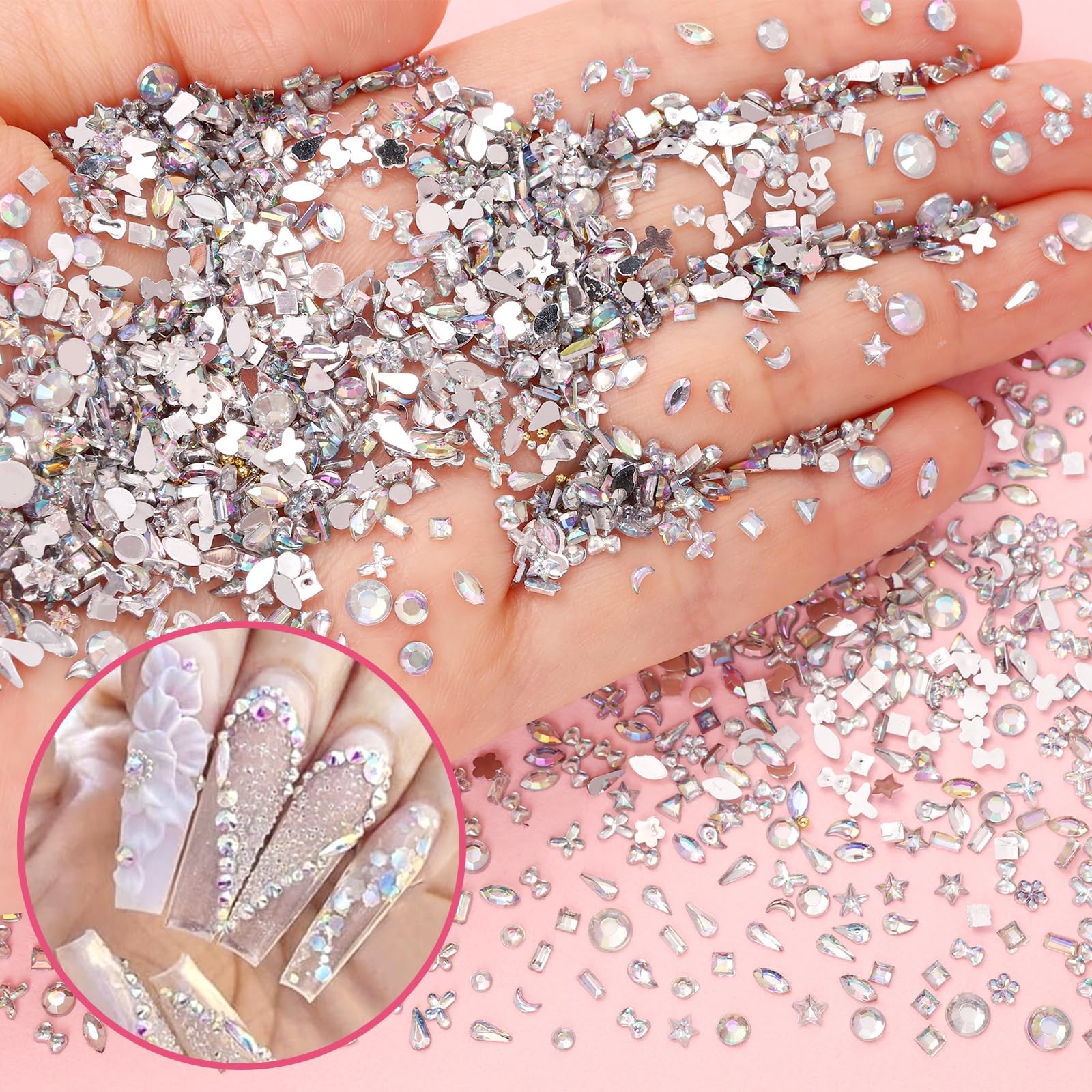 3000 Pcs Mini Rhinestones for Nail Art, Multi Shapes Crystal Flatback Nail Ge…