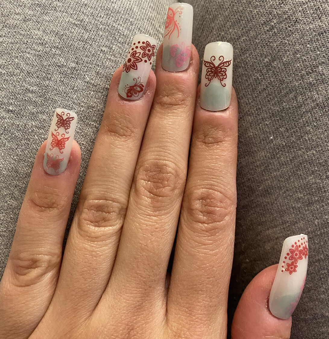 12 Sketch Henna Mehndi Arty Red Pink Butterfly Flower Nail Transfers Uk Seller