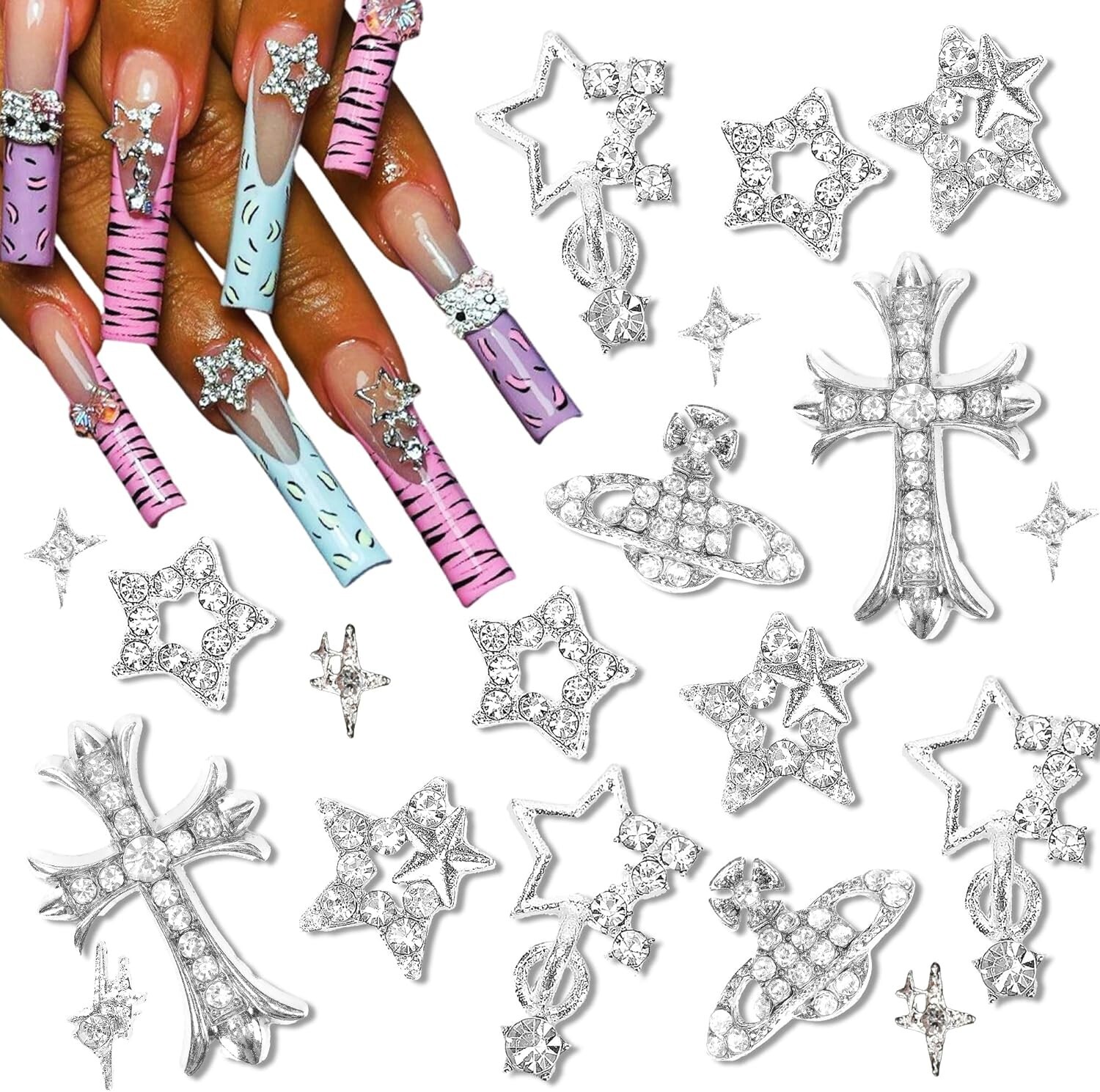 42PCS 3D Star Nail Charms and Gems Silver Tone, Rhinestones for Nails NEW