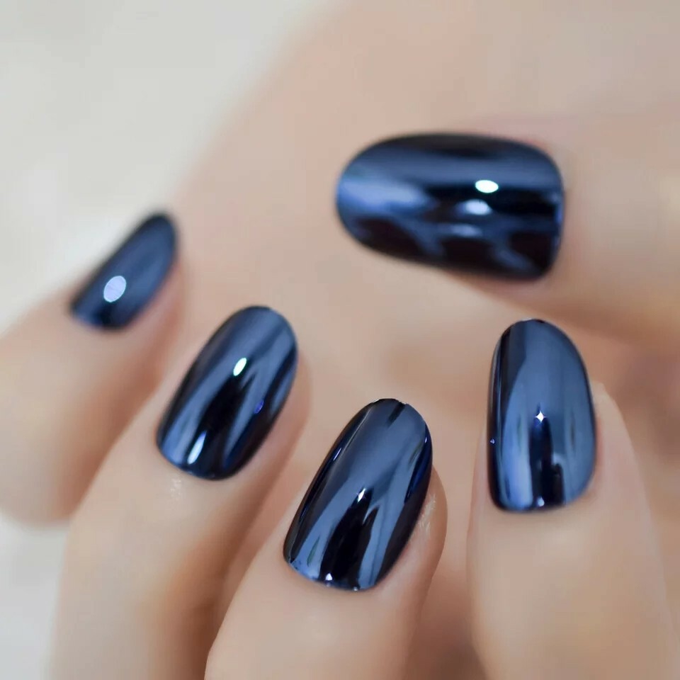 Metallic Dark Blue Chrome Press On Nails medium short Mirror Shiny Goth Fast