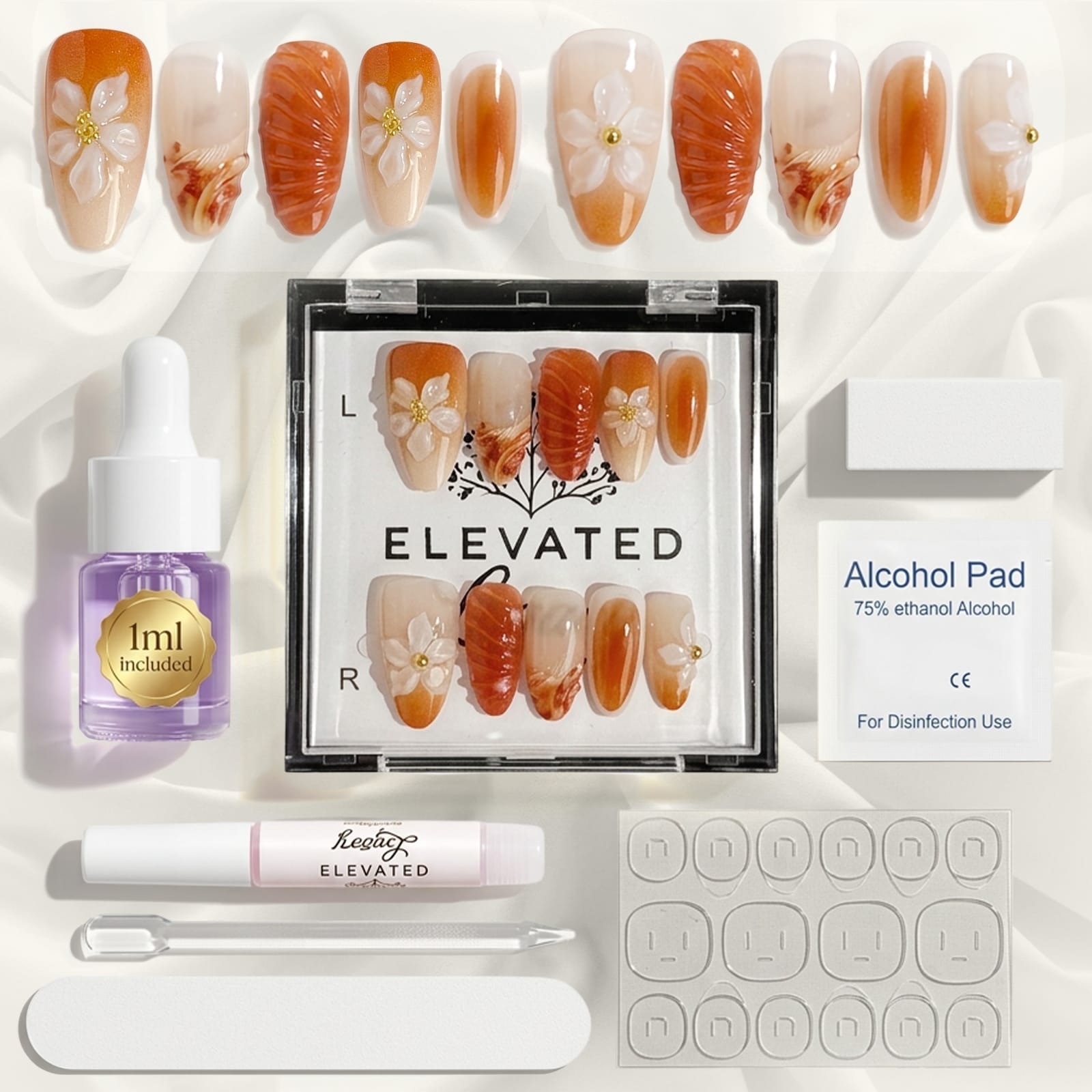 Amber Press On Nails Kit – 30pc Glossy Brown Almond Nails, Complete Nail Kit