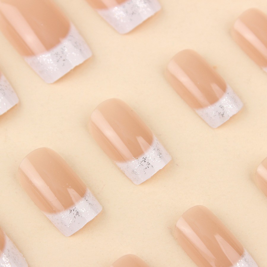 48pcs-Natural Nude Fake Nails with White Glitter French Tips, Short Square Shape