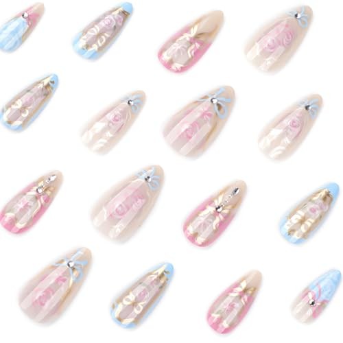 24Pcs Almond Press on Nails Heart Flowers Fake Nails with Heart Flowers Style 7