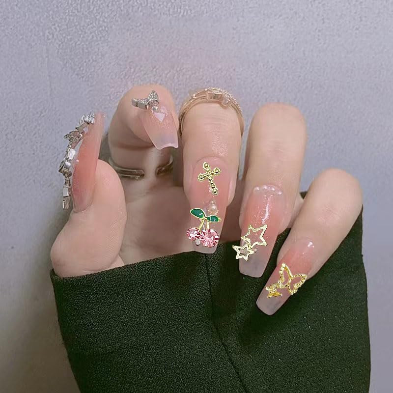 106 PCS Gold Nail Charms 3D Nail Art Charms Cherry Butterfly Cross Bow Star Hear