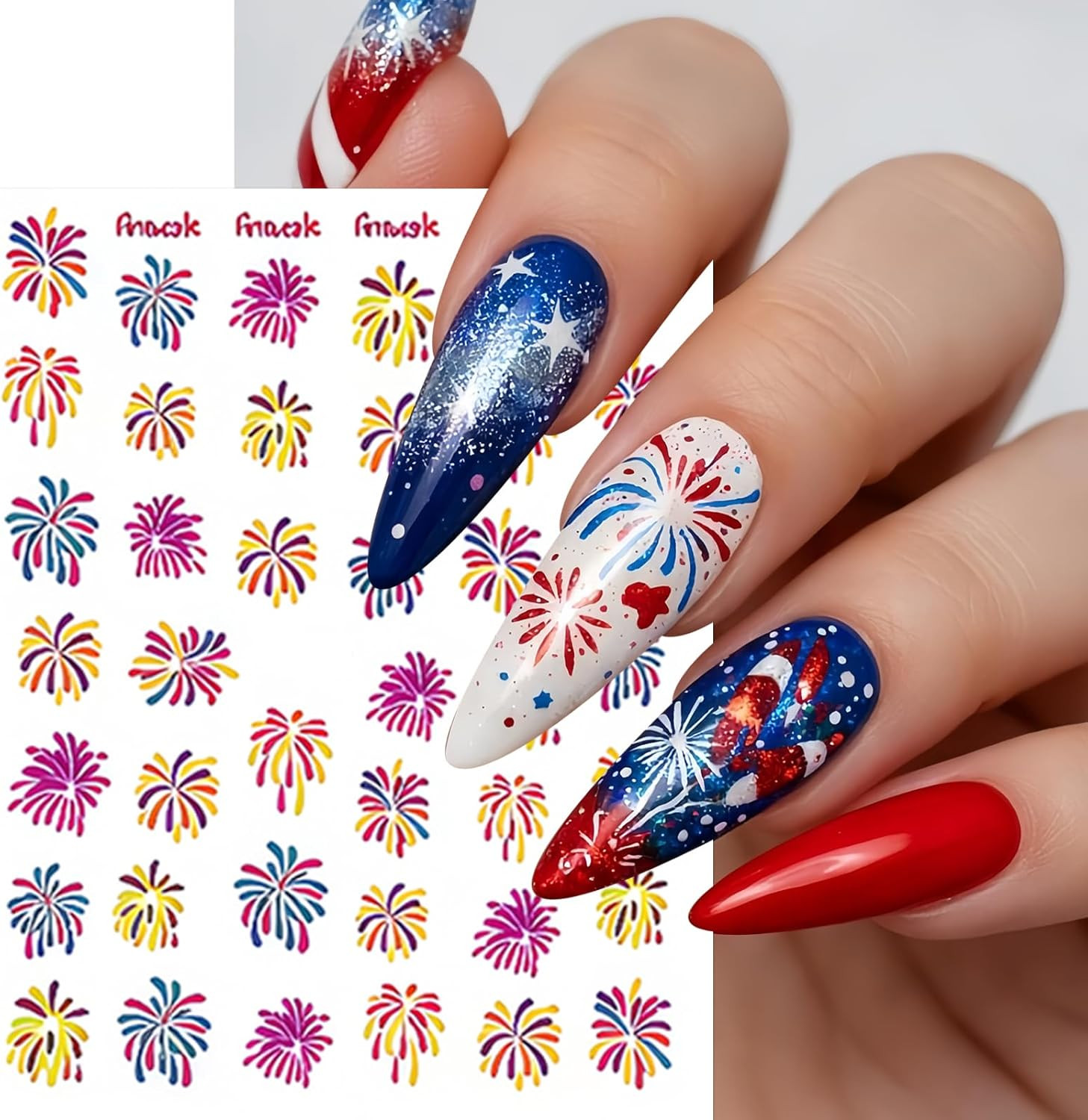 8 Sheets Independence Day Colorful Firework Nail Art Stickers 4Th of July Firewo