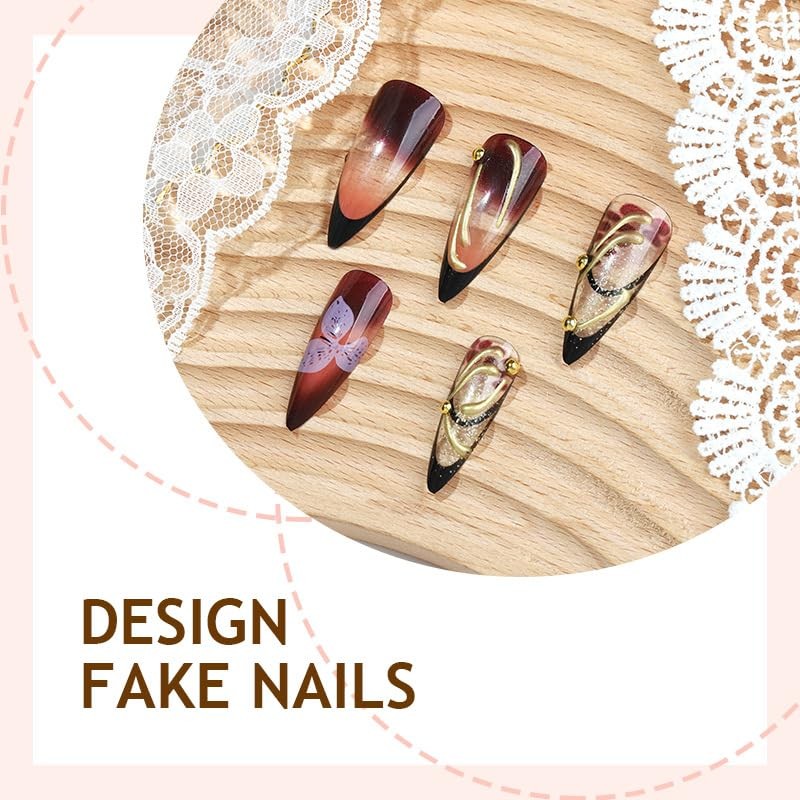 24Pcs Claret Flower Press on Nails Long Medium Almond Fake Nails with 3D Gold…