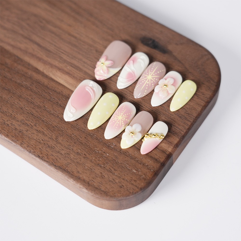 Handmade Pink Yellow Floral Press on Nails Gradient Polka Dot Lovely Fake Nails
