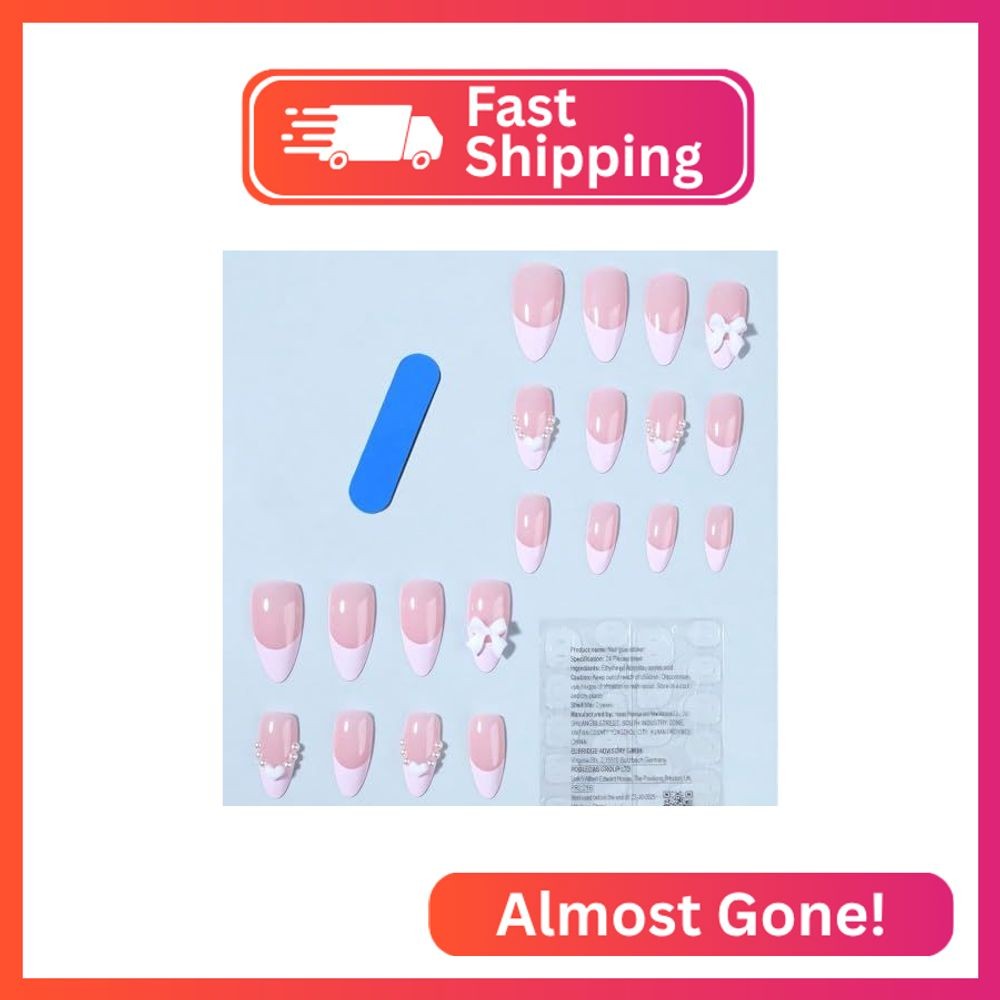 Pink French Tip Almond Press on Nails Medium Length Fake Nails 3D White Bow Hear