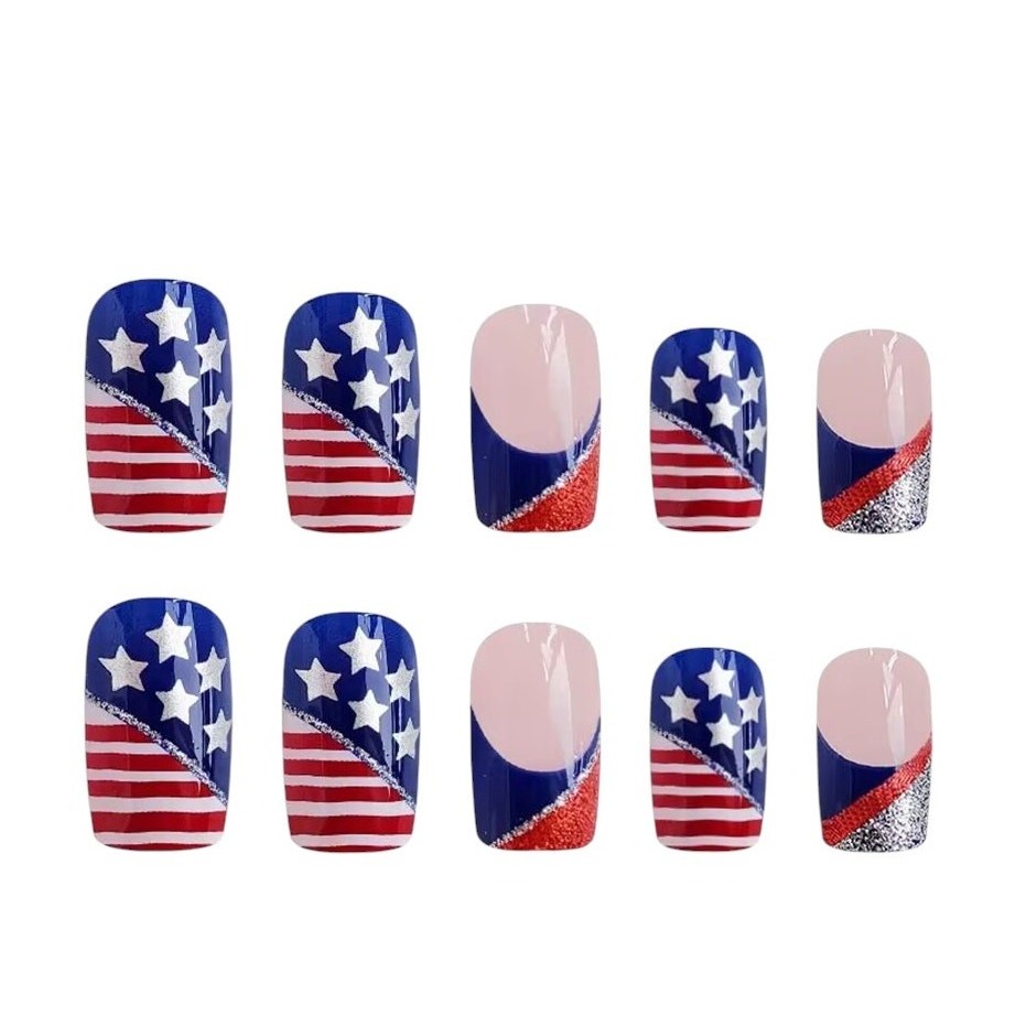 Red, White, Blue American Flag Shiny Square Nails New