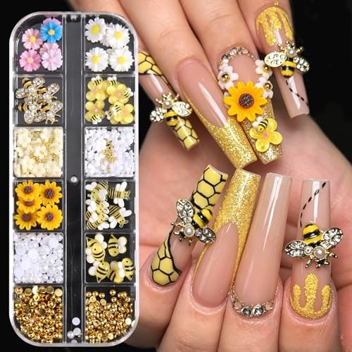3D Tiny Bee Nail Art Charms, Cute Cartoon Bee Acrylic Sunflower Yellow Bee