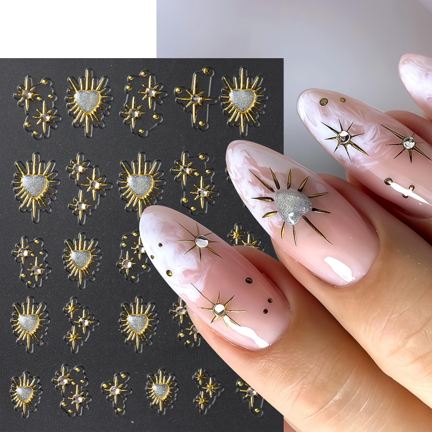 3 Sheets Star Nail Stickers for Nail Art 5D Embossed Gold Nail Decals with Heart