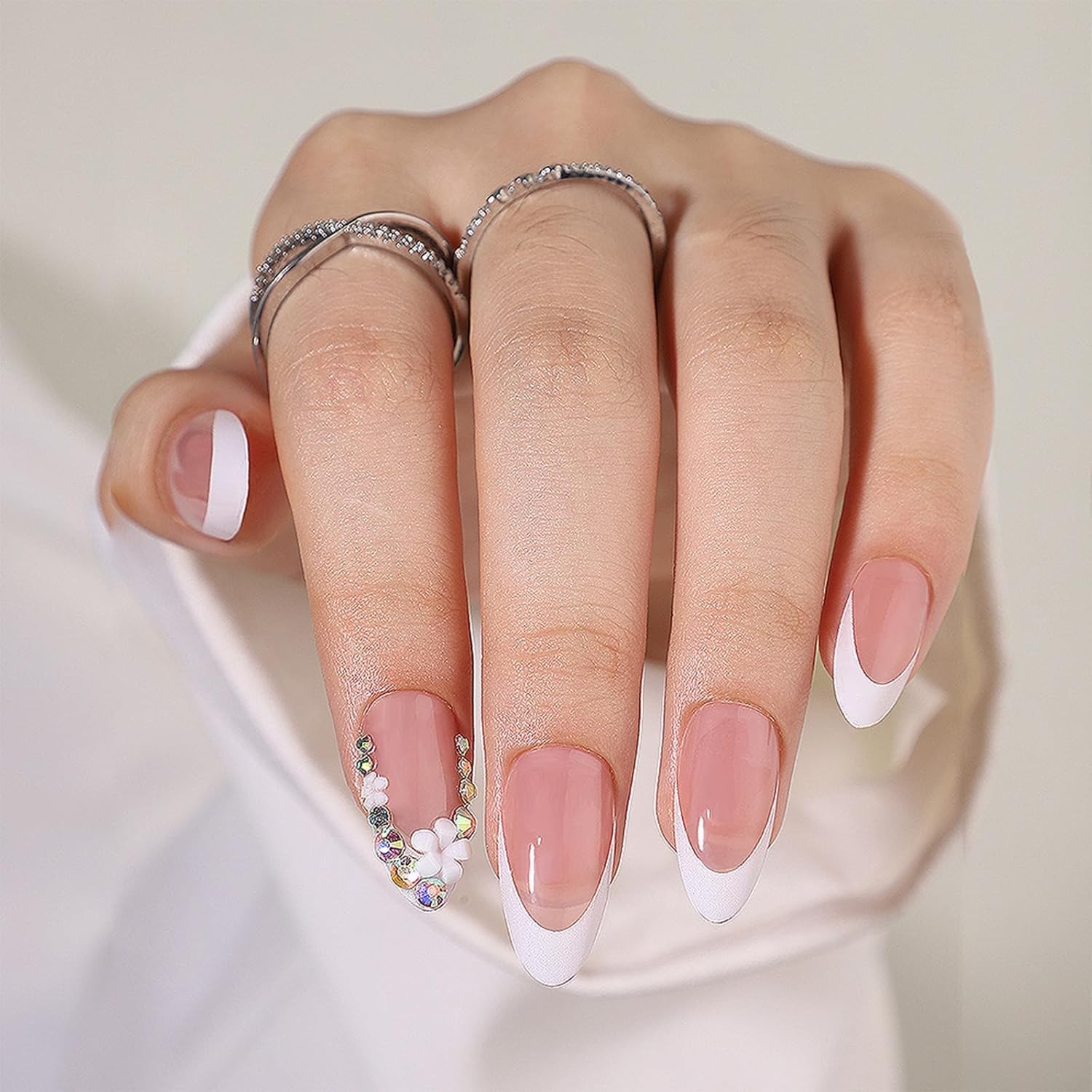 24Pcs Chrome Almond Press On Nails Medium Glossy Fake Nails with Glue Tabs