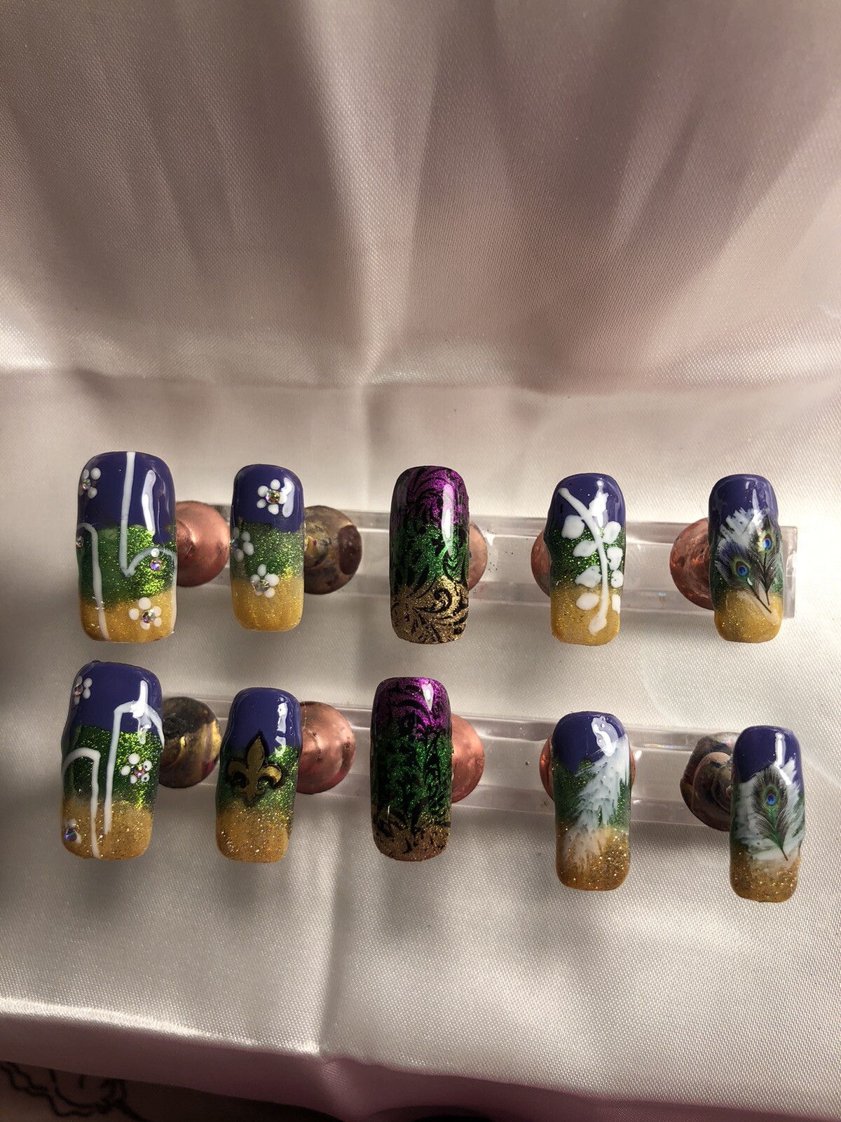 Z NAILZ! Gorgeous Set Of Handmade Custom Long Square Mardi Gras Press On Nails