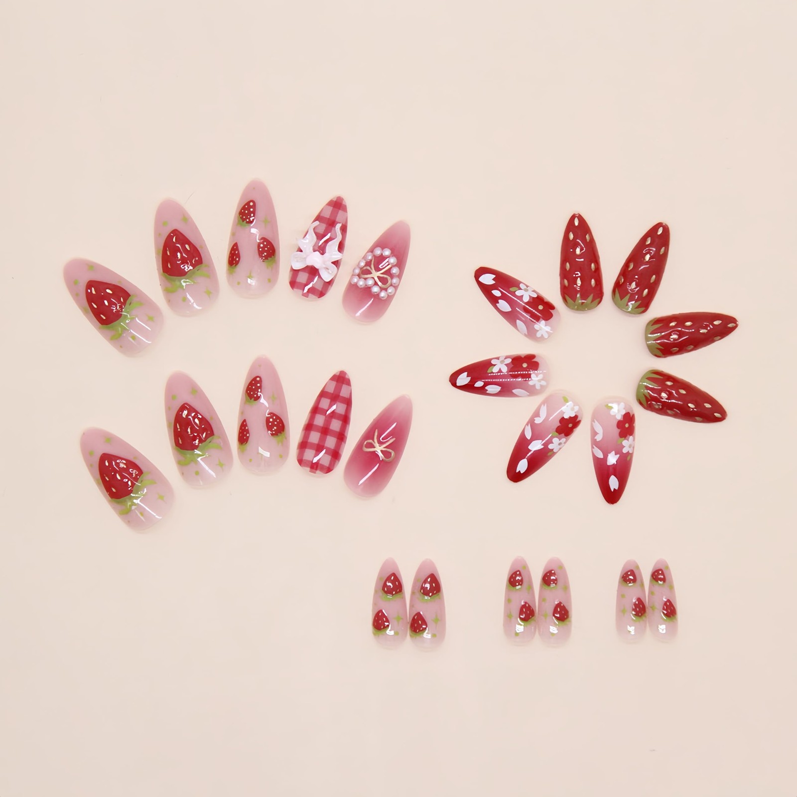24Pcs Strawberry Flower Press on Nails Medium Almond 4*2*0.3in, Multicolor