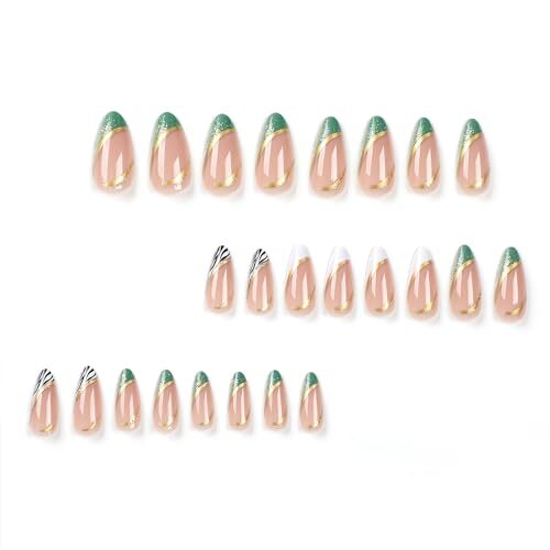 French Tip Press on Nails Medium Almond Fake Nails Nude White Green French Tip