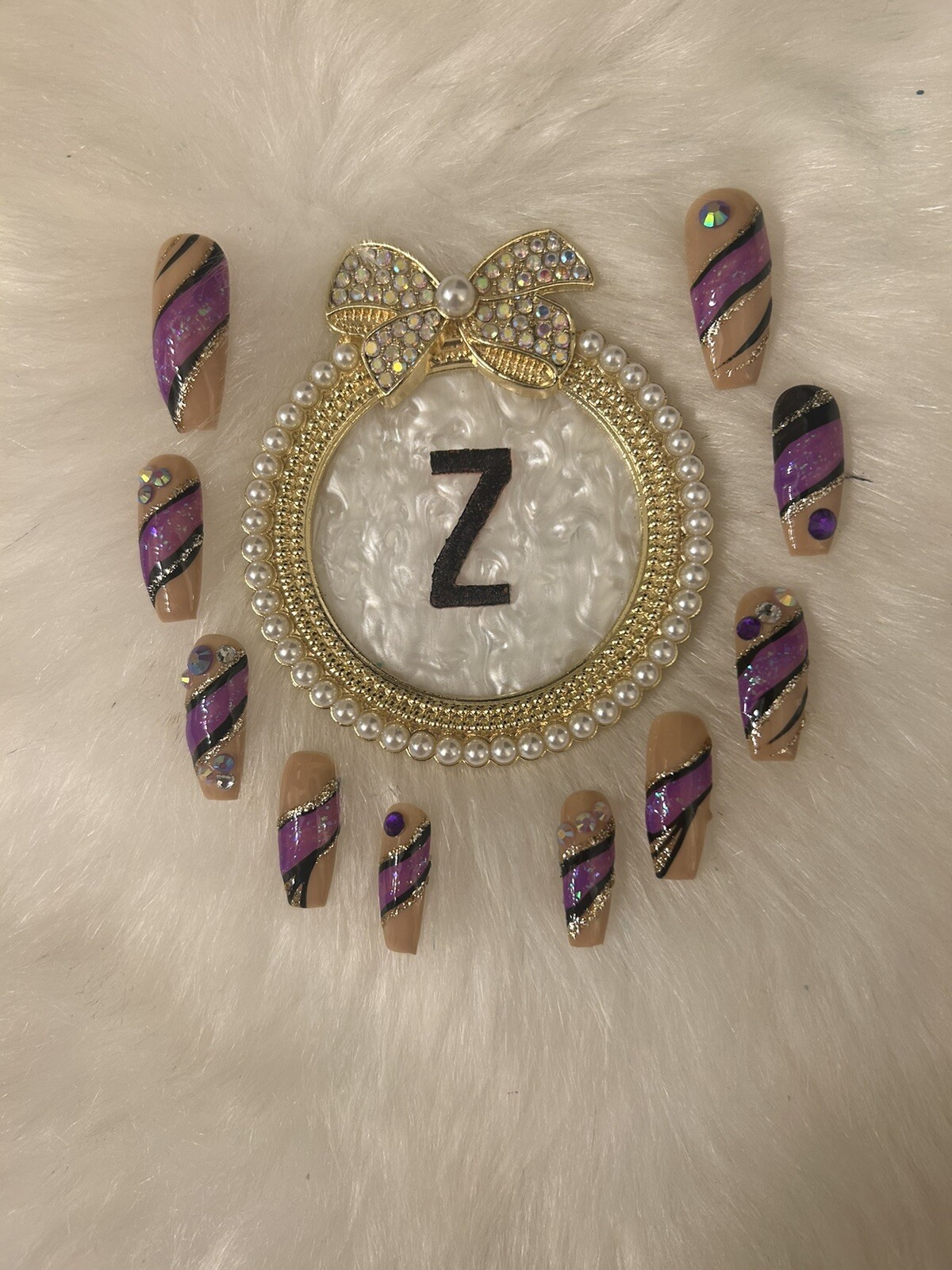 Z NAILZ! Gorgeous Set Of M Long Coffin Nude Press On Nails With Swirls And Bling