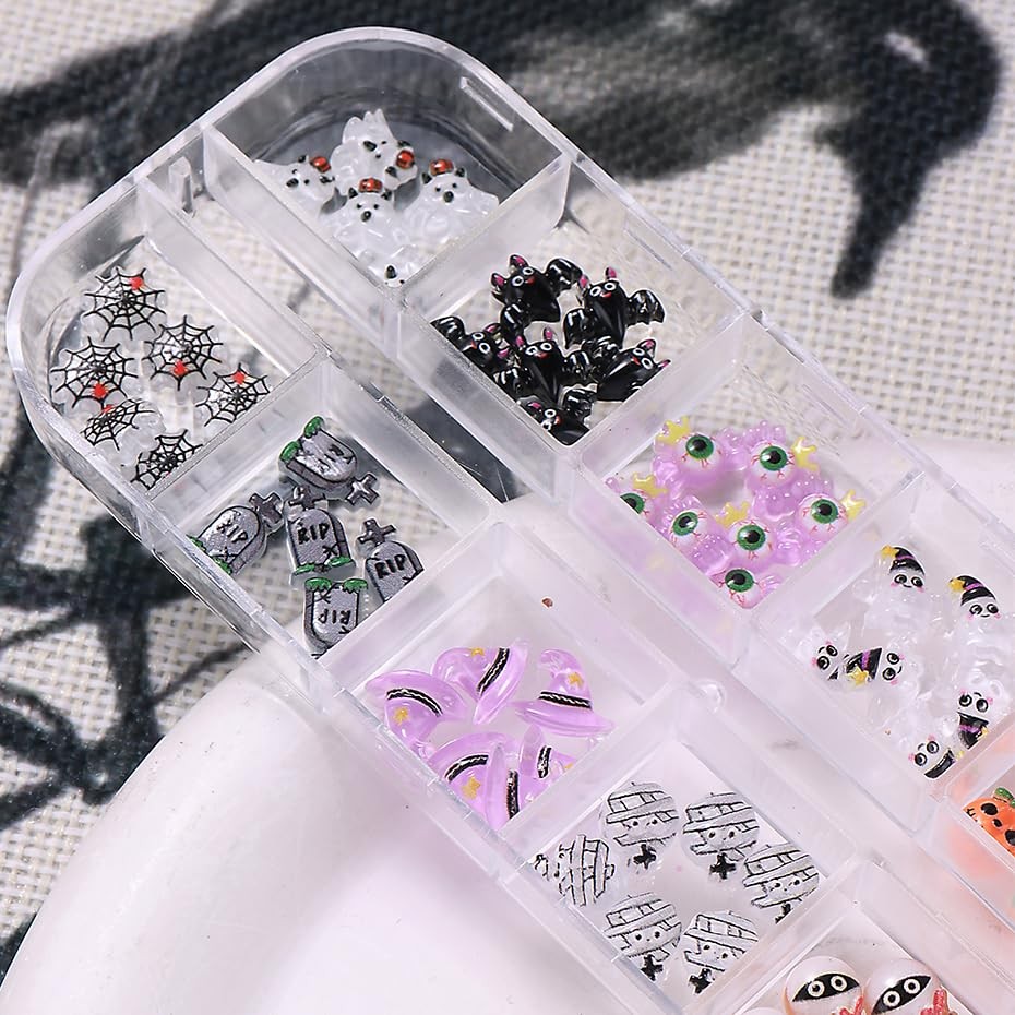 12 Grid Halloween Nail Charms Rhinestones Cute Spider Pumpkin Bat Resin Nail …