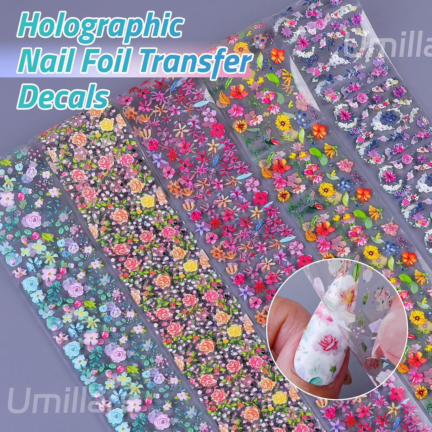 Flower Nail Foil Transfer Stickers, 10 Rolls Holographic Rose Camellia Floral Sp