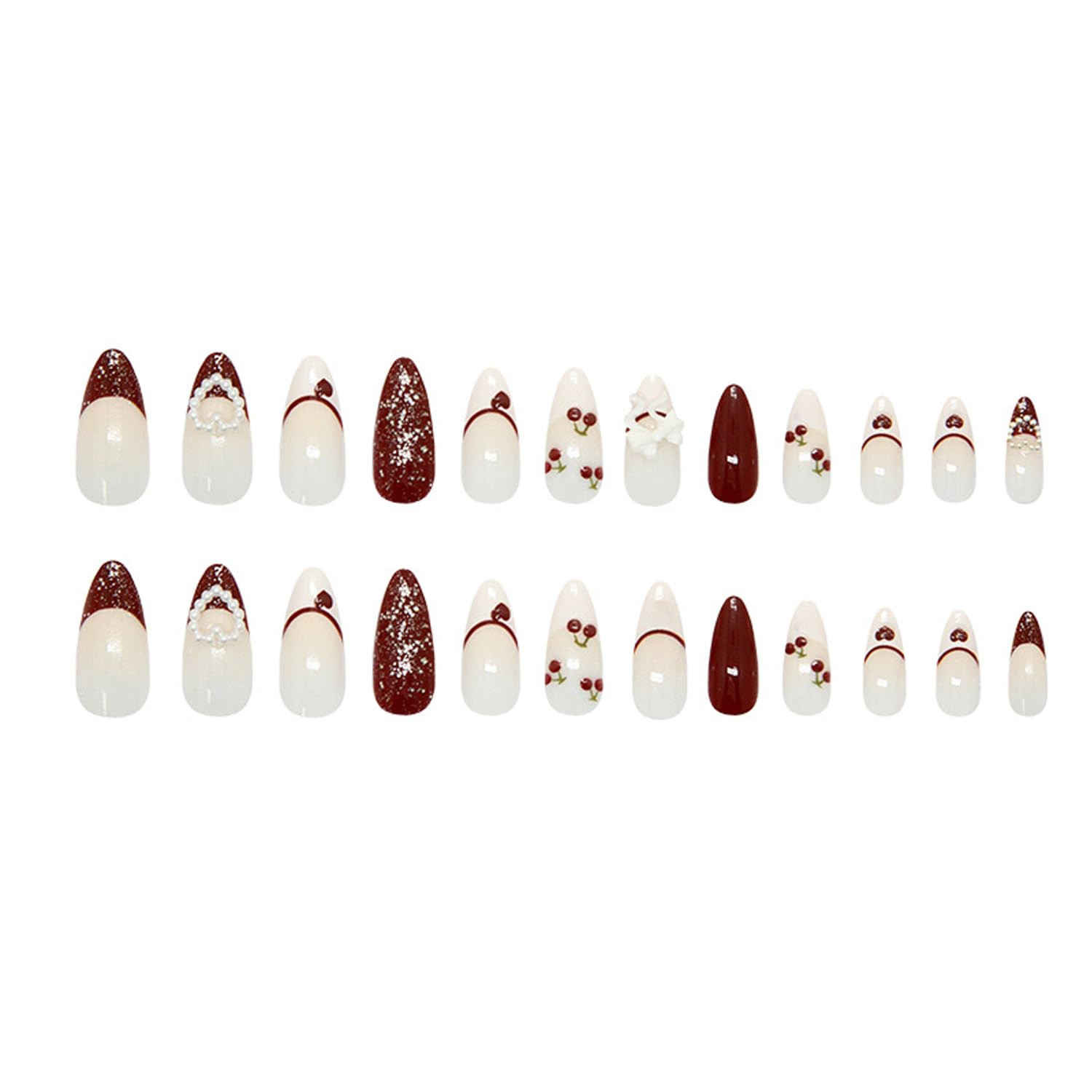 Medium Almond Press-On Nails with 3D Heart and Bow Charms, 24 Pcs