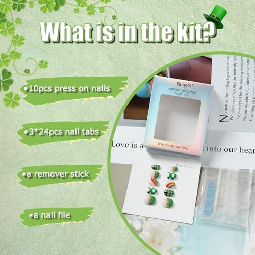 St. Patrick’s Day Press On Nails Extra Short L Green & Gold Rainbow Starlight