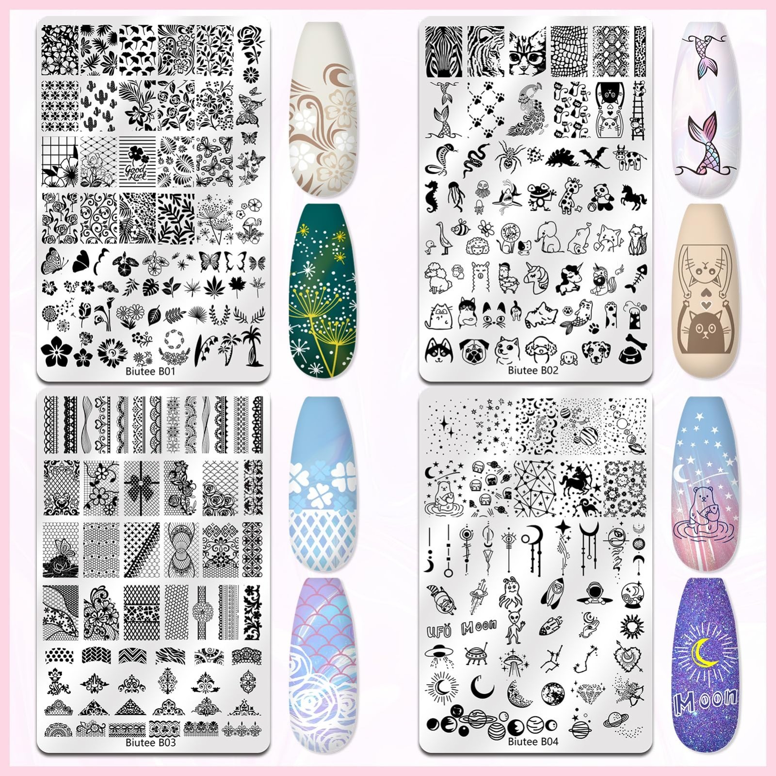 4PCS Nail Stamping Plates Set with Stamper & Scraper – French Lace, Space, Anima