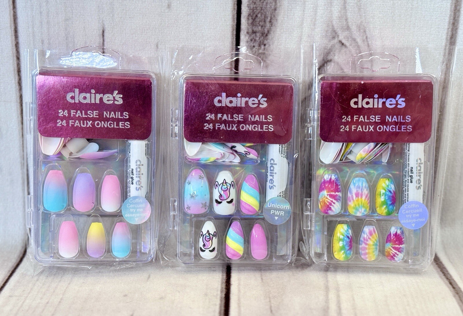 x3 NIB Claire’s Faux Fake 24 Press Ons Nails Unicorn Ombre Matte Pastel Rainbow