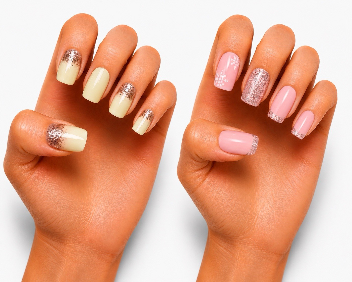 SET OF 2 Styles Pink Floral Glitter French & Ivory Glitter Gradient