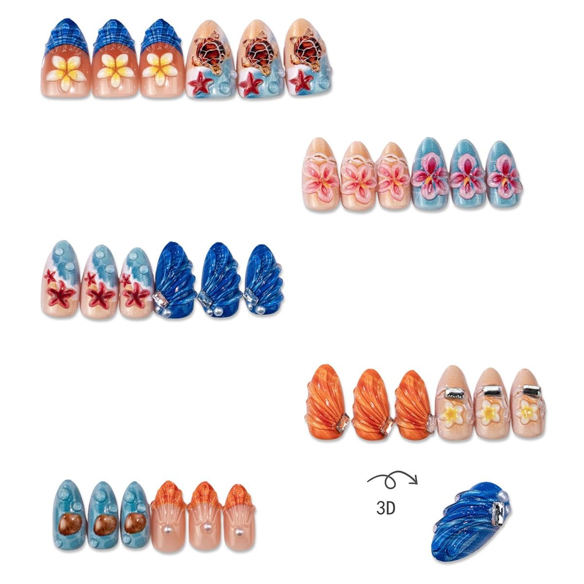 KRTBKR 30pc short almond press on nails, turtle hibiscus