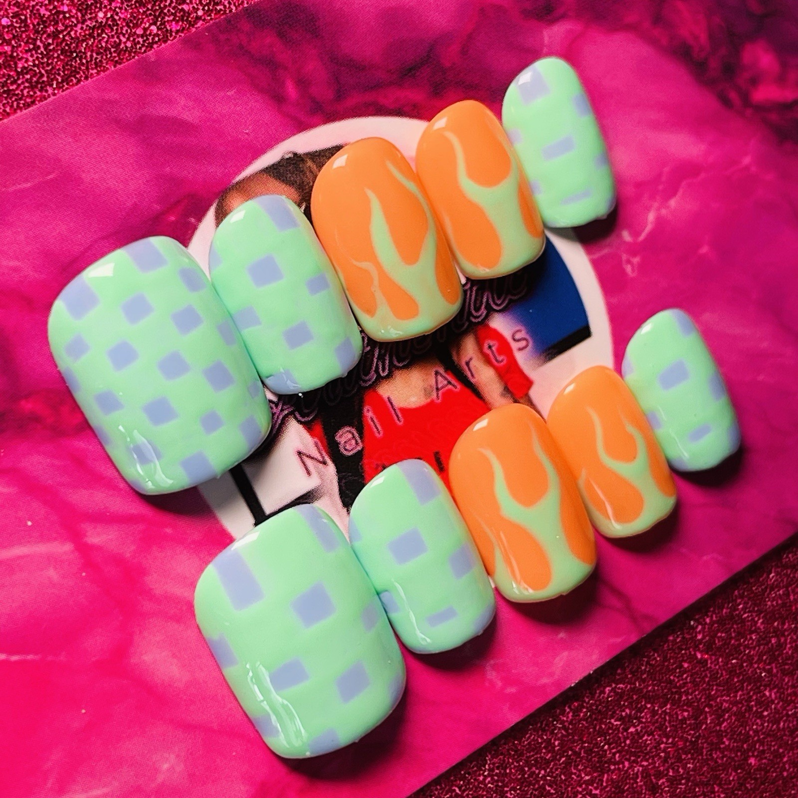 Authentic Nail Arts by Dia Square Press-On Nails Green Orange Purple Flames