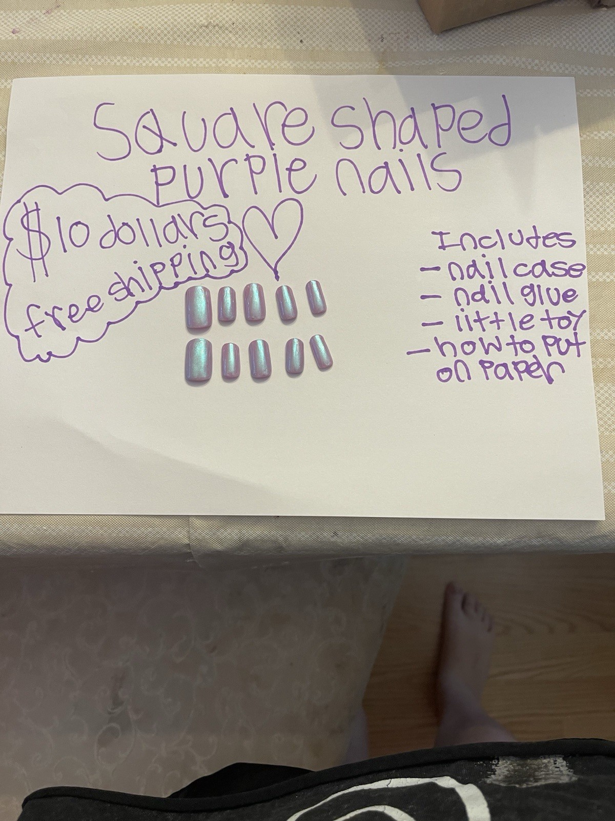 Square Press-On Nails Short Purple Shimmer, Glue & Nail Case Included