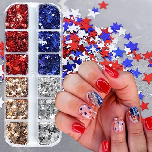 12 Grids Independence Day Nail Sequins，3D Holographic Nails independence Day-1